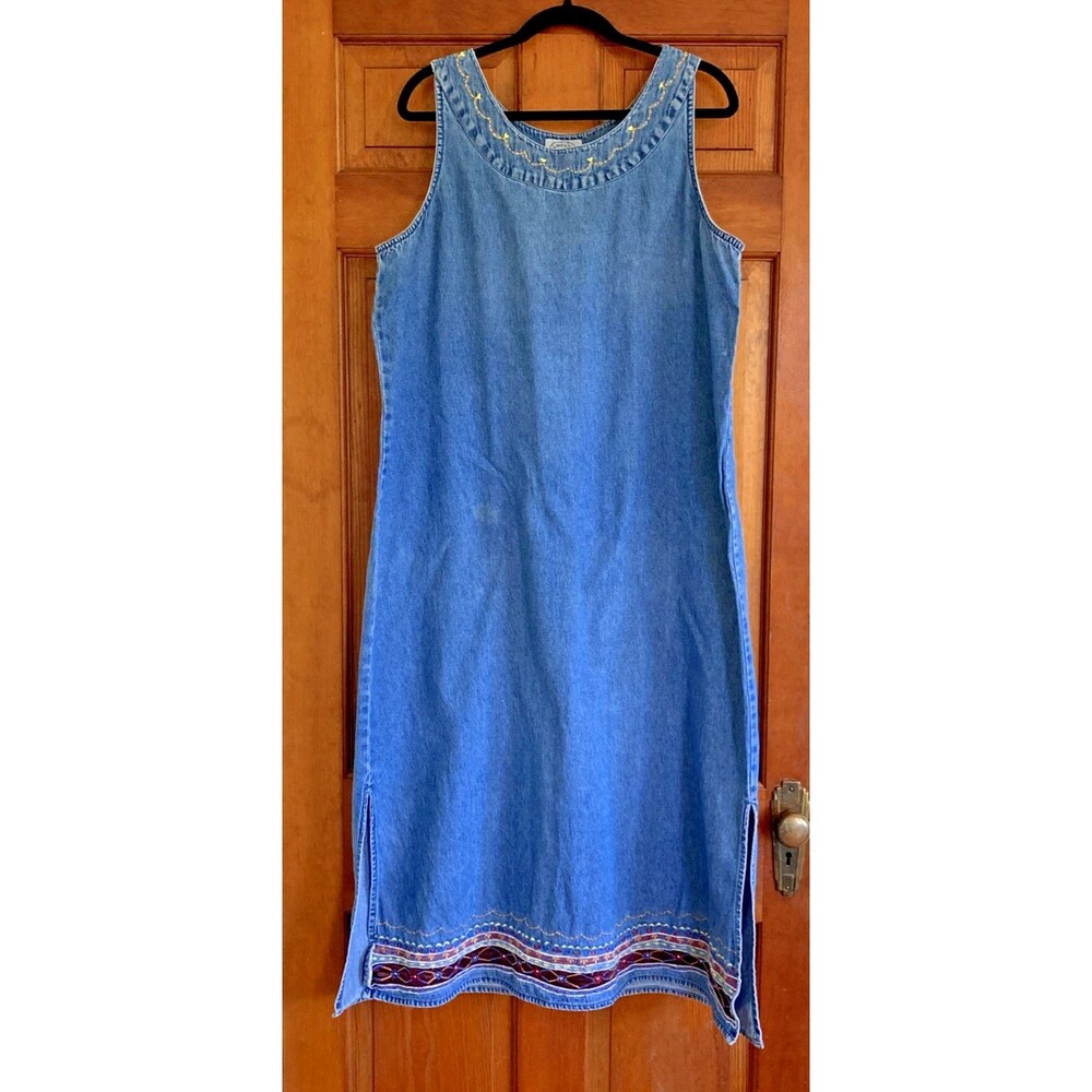 Carolina Blues Womens XL Blue Jean Jumper Embroidered Sleeveless Cotton Dress